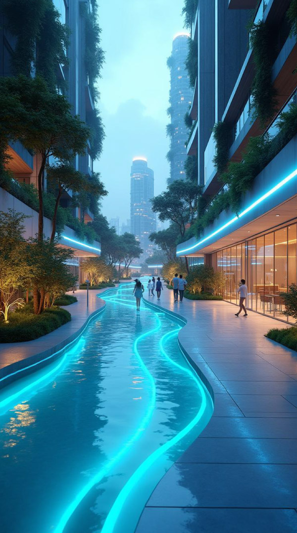 Futuristic clean energy cityscape with blue neon energy lines