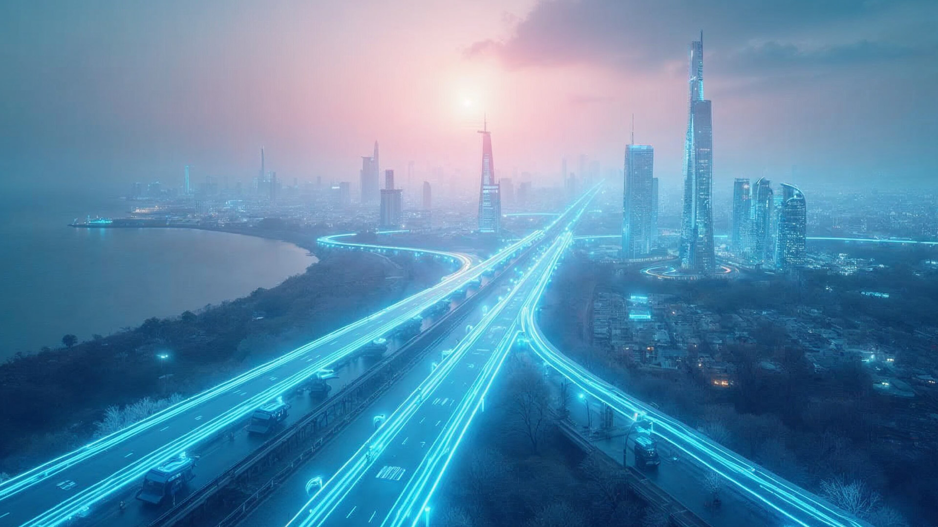 Decentralised energy network powered by AirPlus: futuristic clean energy, glowing neon blue and teal energy lines, no wind turbines or solar panels