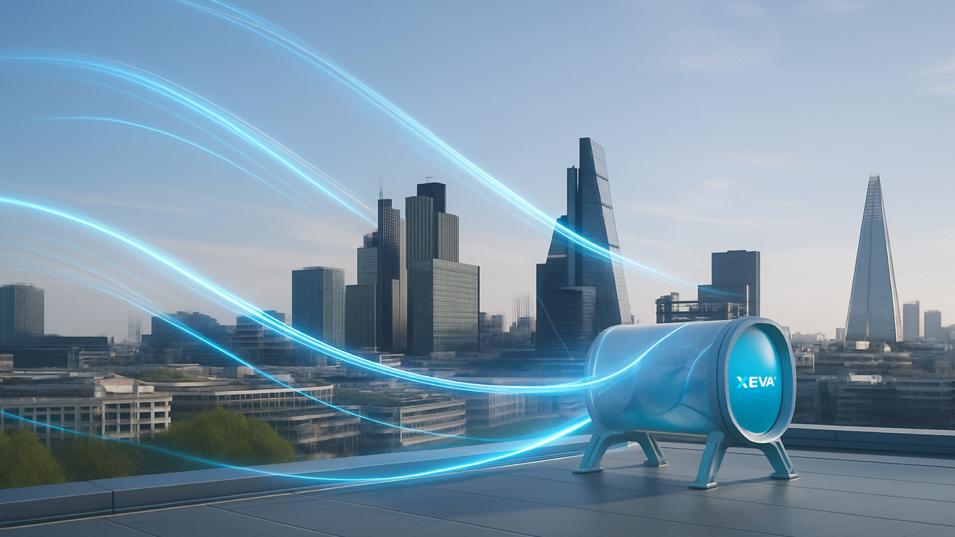 Advanced clean energy engineering and product testing at AirPlus: futuristic lab with blue and teal neon highlights, no wind turbines or solar panels