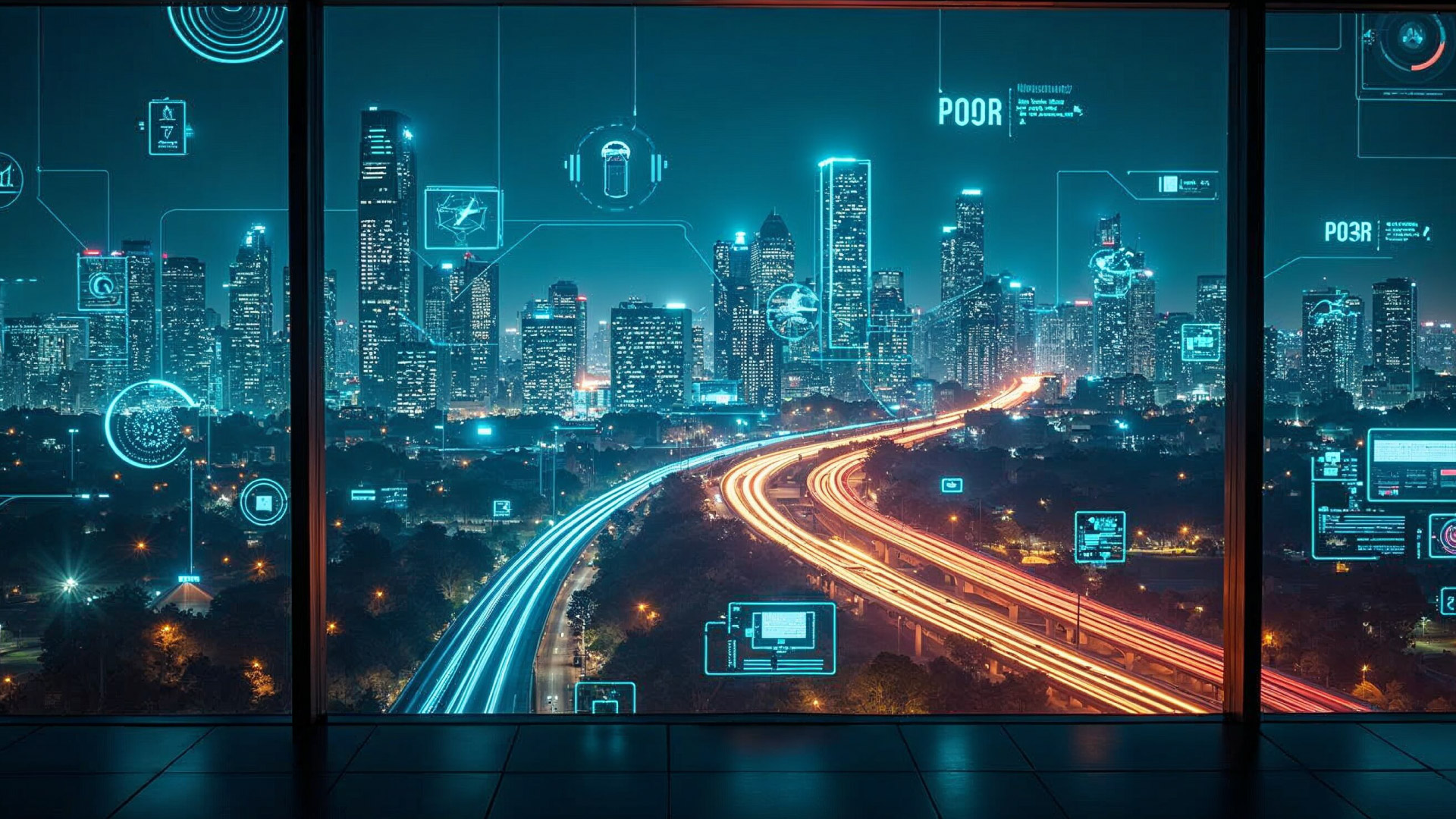 Smart energy integration at AirPlus: futuristic cityscape and control room with blue and teal neon accents, intelligent grid, IoT and no visible wind turbines or solar panels