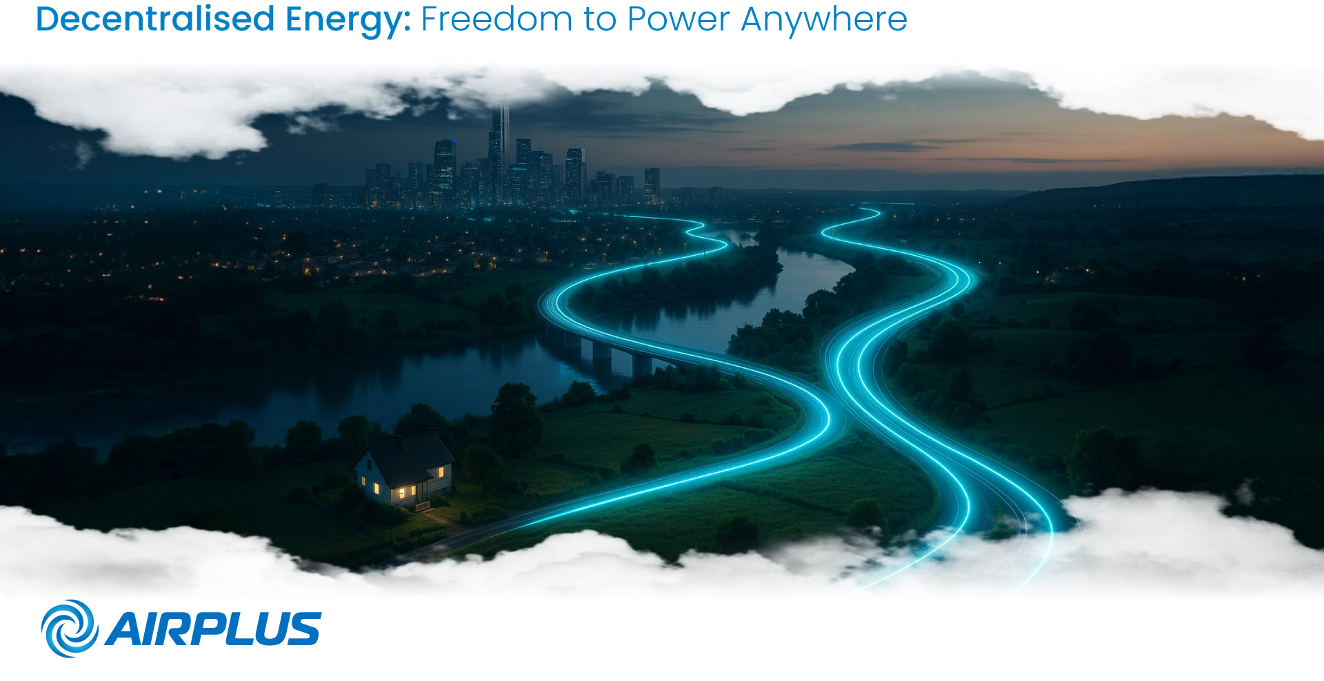 Ultra-realistic decentralised energy network connecting city, suburb and rural home with AirPlus blue and teal neon lines