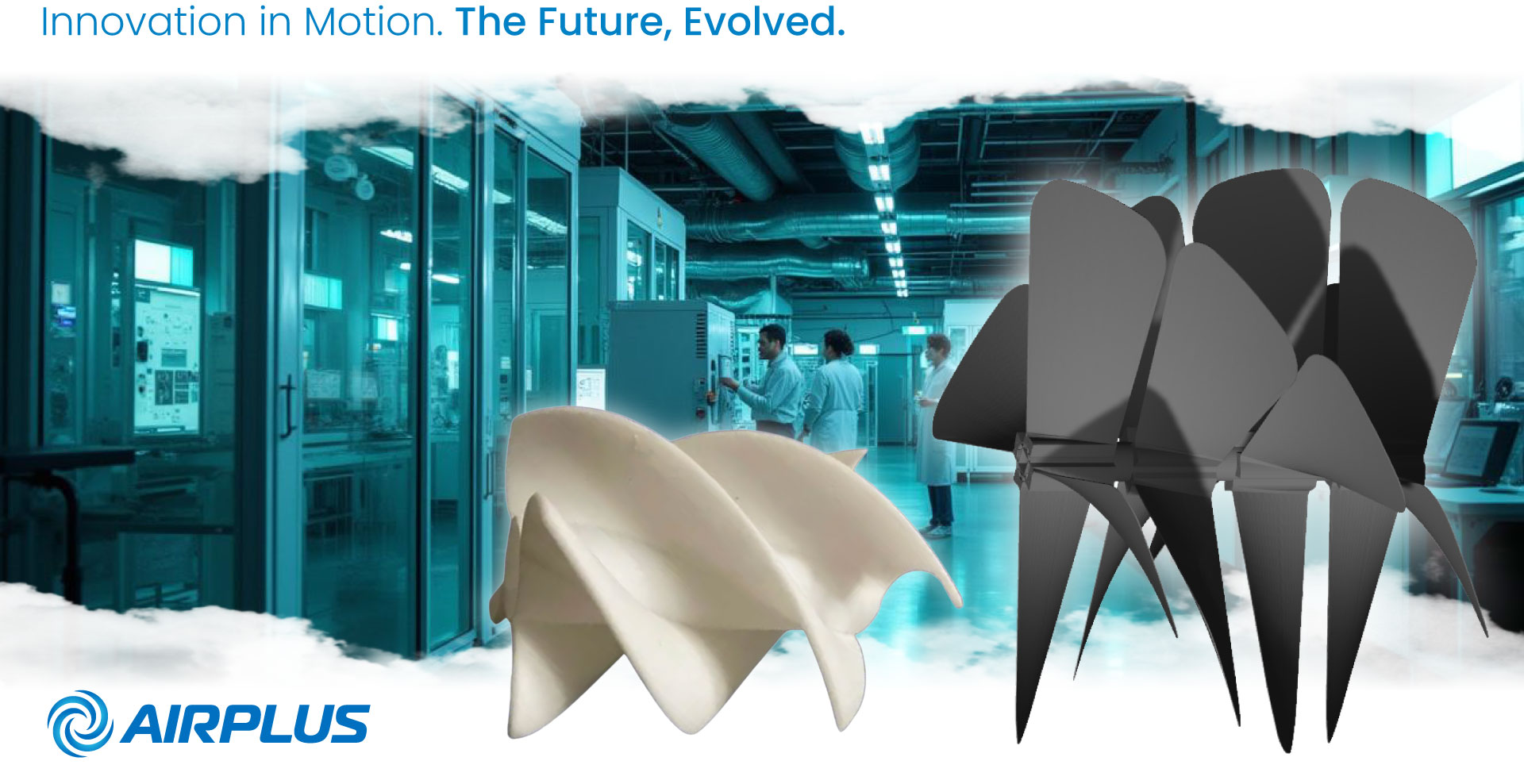 A timeline of AirPlus product innovation, with XEVA, XKOROST and XYQUA, illuminated by blue and teal neon lights
