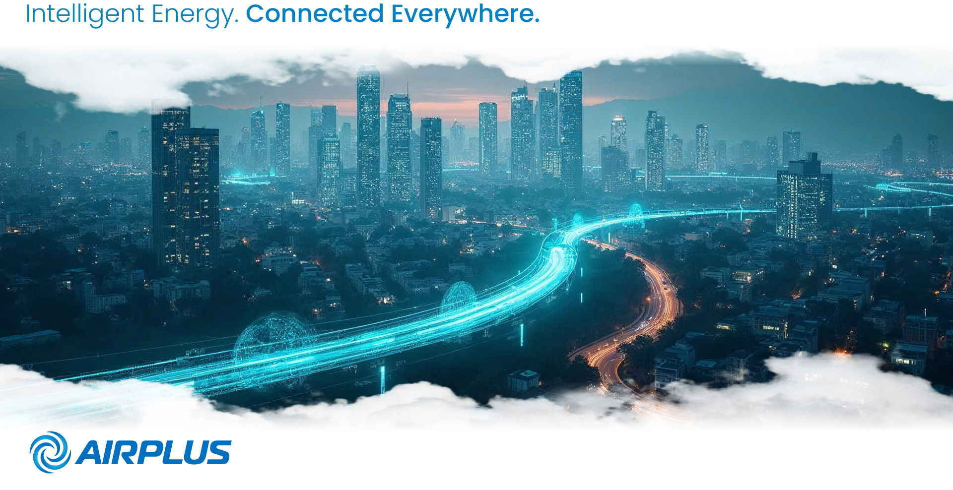 Ultra-realistic smart grid with AirPlus systems, blue and teal neon lines, digital energy management interfaces