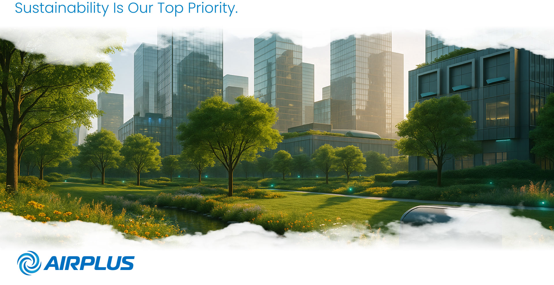 Hyper-realistic sustainable cityscape—AirPlus Renewables blending technology with nature