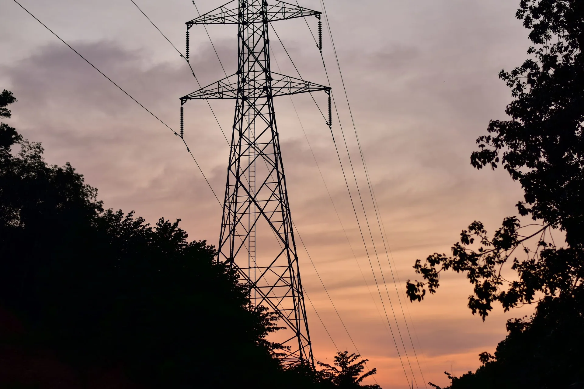Electricity pylon carrying power lines across the landscape