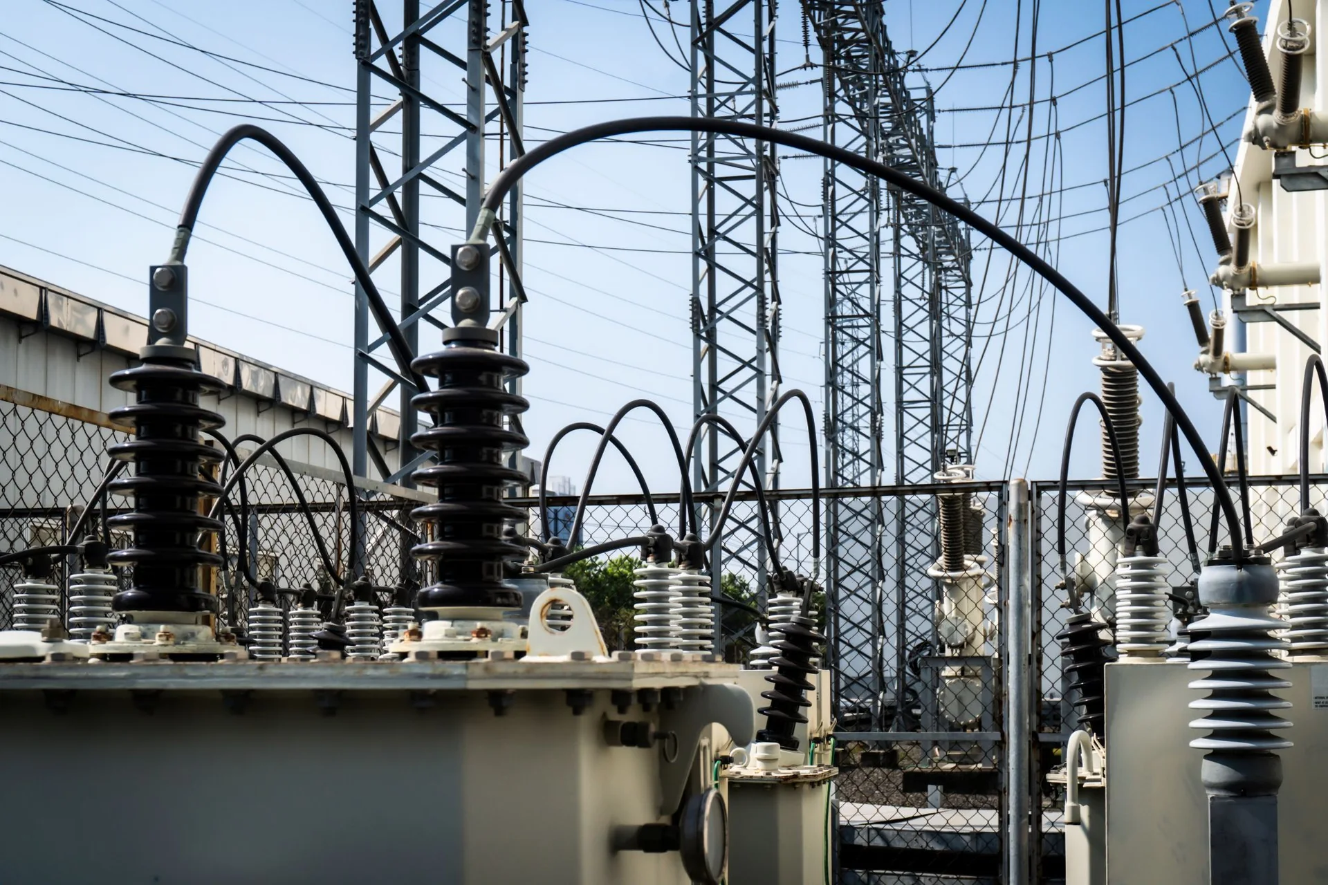 Electrical cables and insulators at a grid substation